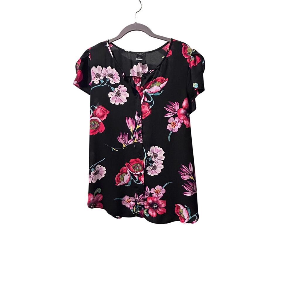 Ann Taylor Factory Floral Blouse Black Pink Short Sleeve Top Large - Picture 2 of 8
